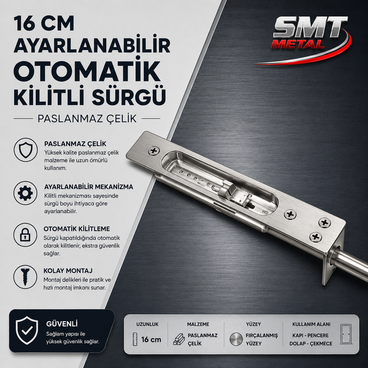 Paslanmaz Çelik 16 cm Ayarlanabilir Kilitli Gömme Kapı Sürgüsü